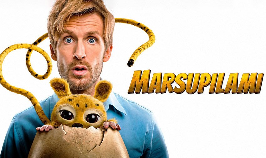 David, Tess e Léo em cena de Marsupilami Confusão a Bordo